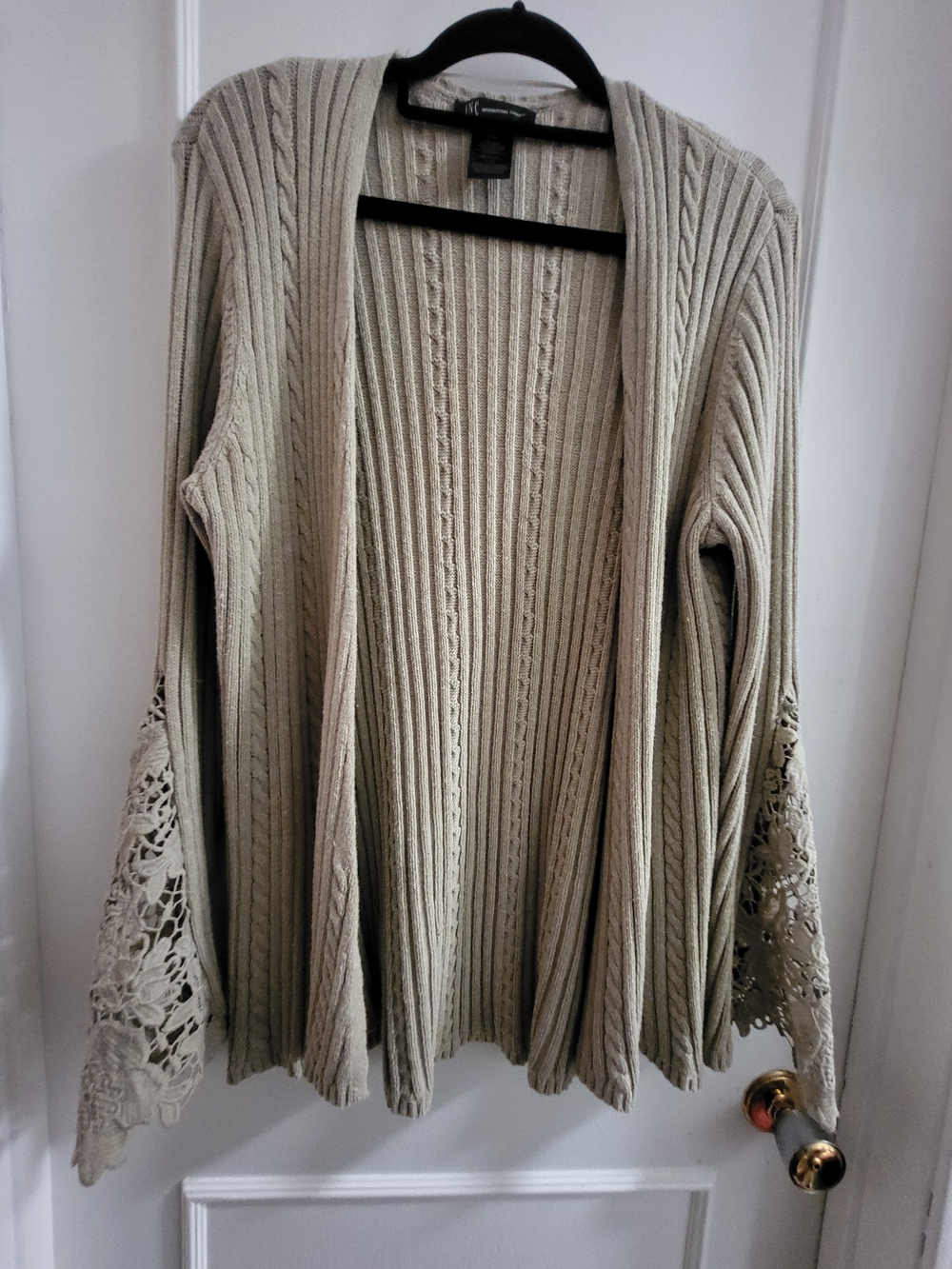 INC International Concepts Cream Open-Front Cable Cardigan with Lace Sleeves